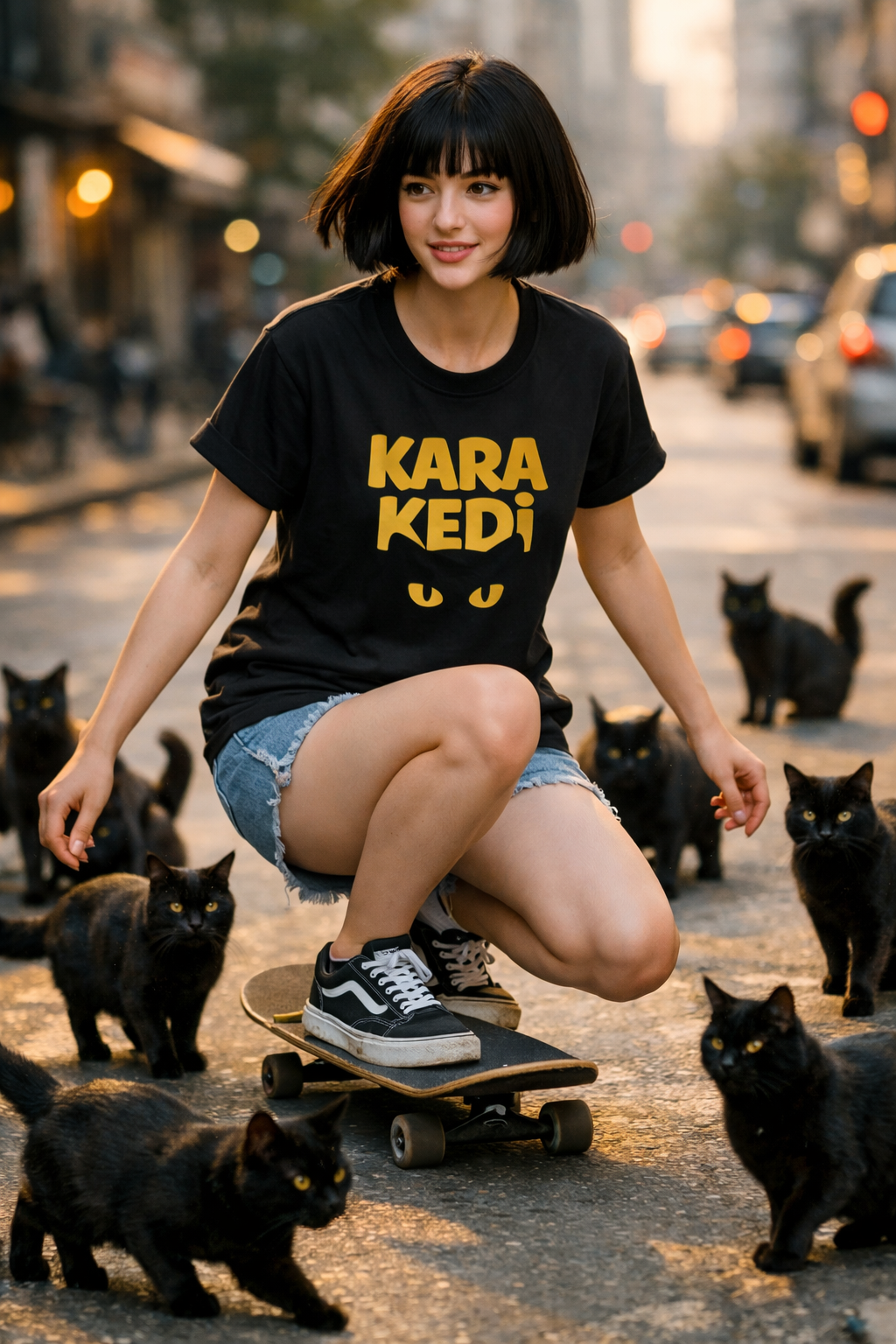 Kara Kedi Oversize T-Shirt